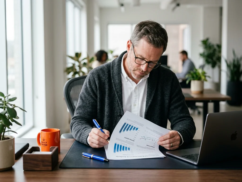 Comptable analysant une courbe de croissance SEO positive après un an de stratégie éditoriale.