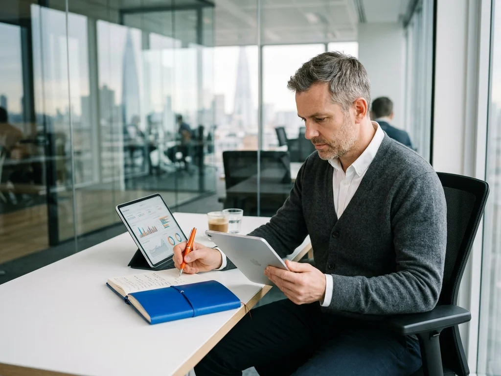 Consultant analysant des graphiques de performance sur tablette pour un audit SEO stratégique.