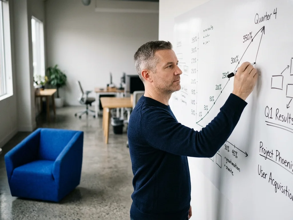 Un consultant SEO trace une courbe de croissance illustrant l'augmentation spectaculaire du trafic organique mensuel.