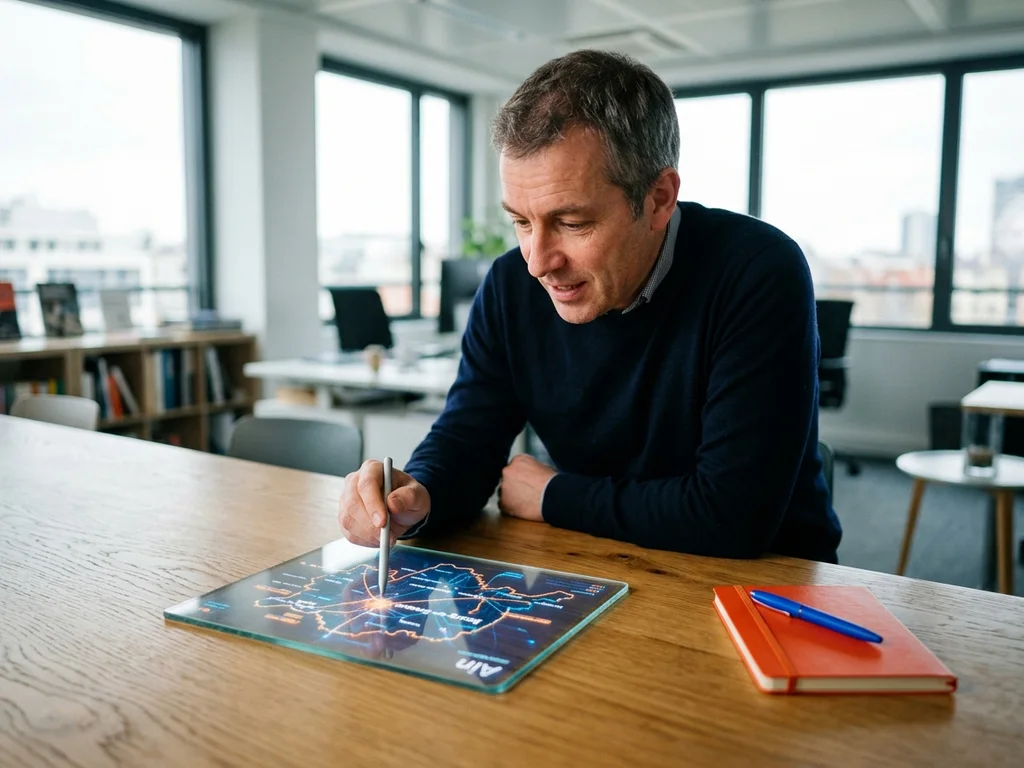 Consultant analysant une carte de l'Ain sur tablette pour optimiser la visibilité locale Google Maps.