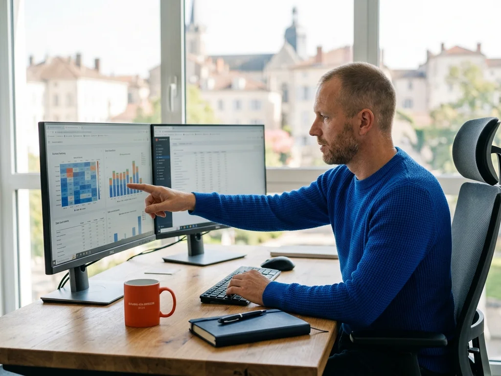 Un expert en référencement analyse des graphiques de performance pour améliorer la visibilité web locale.