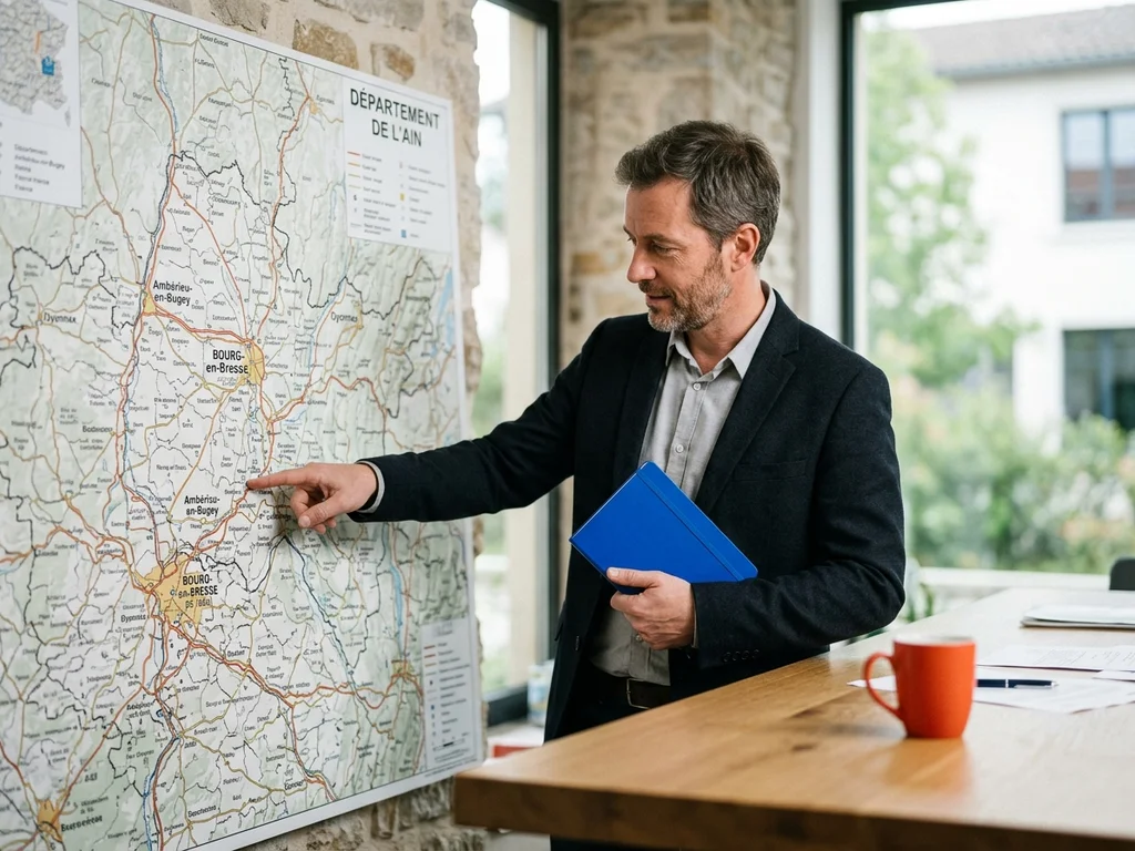 Expert SEO analysant une carte de l'Ain pour optimiser le r)f)rencement local des entreprises.
