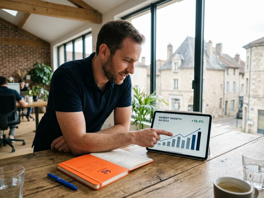Expert SEO analysant des graphiques de visibilité Google avec un partenaire local à Bourg-en-Bresse.
