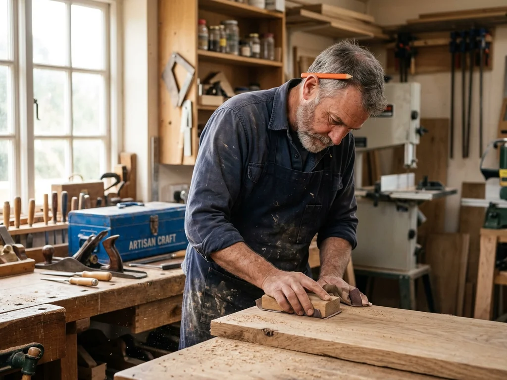 Artisan menuisier ponçant du chêne, illustrant l'excellence technique du site web de Bertrand et Fils.