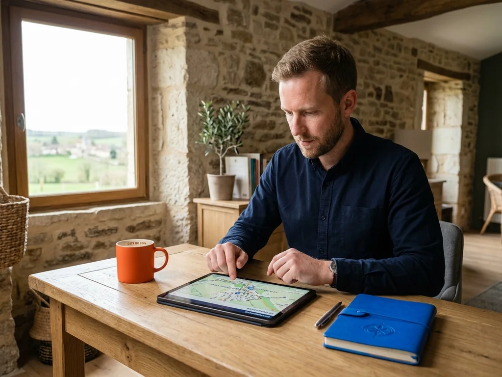 Professionnel gérant une fiche Google Business Profile locale depuis un bureau moderne dans l'Ain.